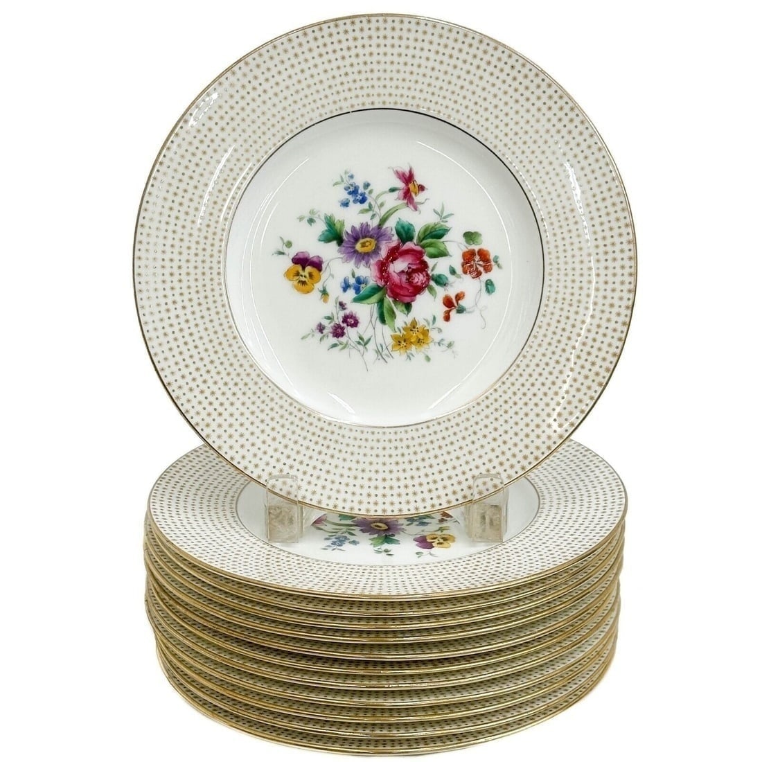 12 Cauldon England Hand Painted Porcelain Dessert Plates Florals circa 1915: 12 Cauldon England Hand Painted Porcelain Dessert Plates, circa 1915. Gilt decoration to the edge, hand painted florals to the center. Underside marked Cauldon Stoke on Trent England Weight: Approx. 8