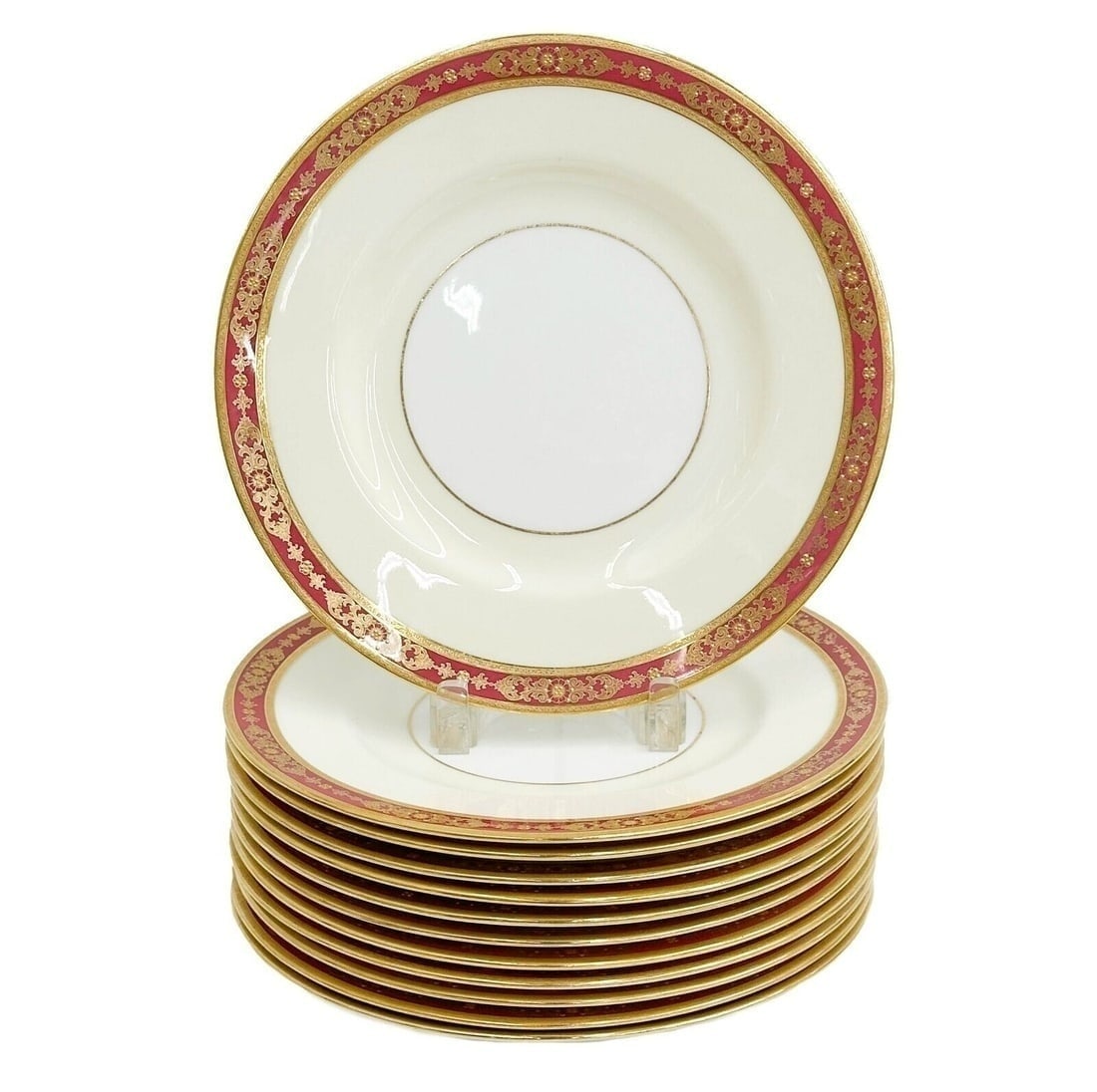 12 Minton England for Tiffany & Co Porcelain Dinner Plates Red 1928: 12 Minton for Tiffany & Co Porcelain Dinner Plates, 1928. A red band to the edge with ornate gilt decoration, raised gilt accents. Underside with Minton England marks, Tiffany & Co retailer's marks, i