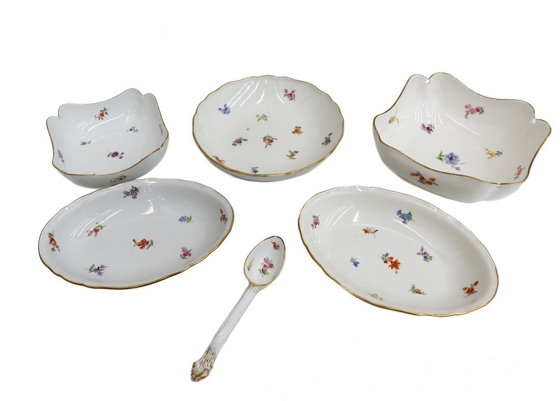 6 Piece Meissen Germany Hand Painted Porcelain Floral Dishes 19th Century: 6 Piece Meissen Germany hand painted porcelain floral dishes 19th Century. Various multi-colored hand painted flowers throughout the dishes with gilt rims. Meissen mark to underside. The dishes includ