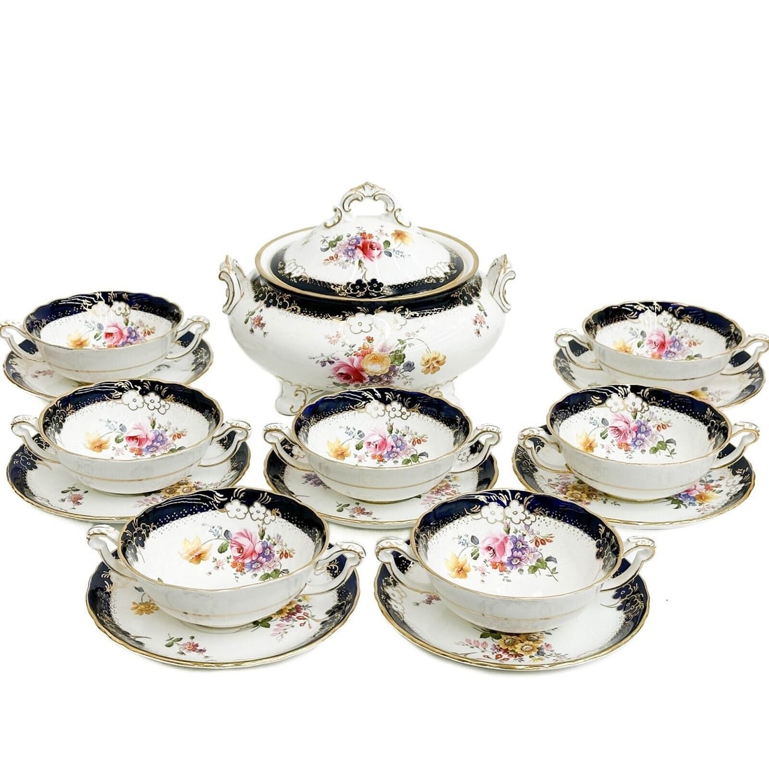 Royal Crown Derby Porcelain Tureen with 7 Bouillon Bowls & Underplates c 1940 (1 of 9)