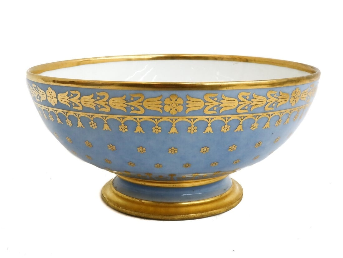 Manufacture de Sevres Porcelain Footed Bowl Periwinkle Blue Gilt Flowers 1819 (1 of 6)