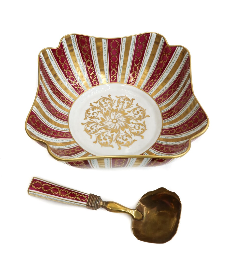Camille Le Tallec Porcelain Large Fruit Berry Bowl with Serving Spoon, 1946: Camille Le Tallec porcelain large fruit berry bowl with serving spoon, 1946. alternating burgundy, gold, white stripes to bowl with a gold emblem center. The spoon with a gilt metal bowl. Le Tallec ma