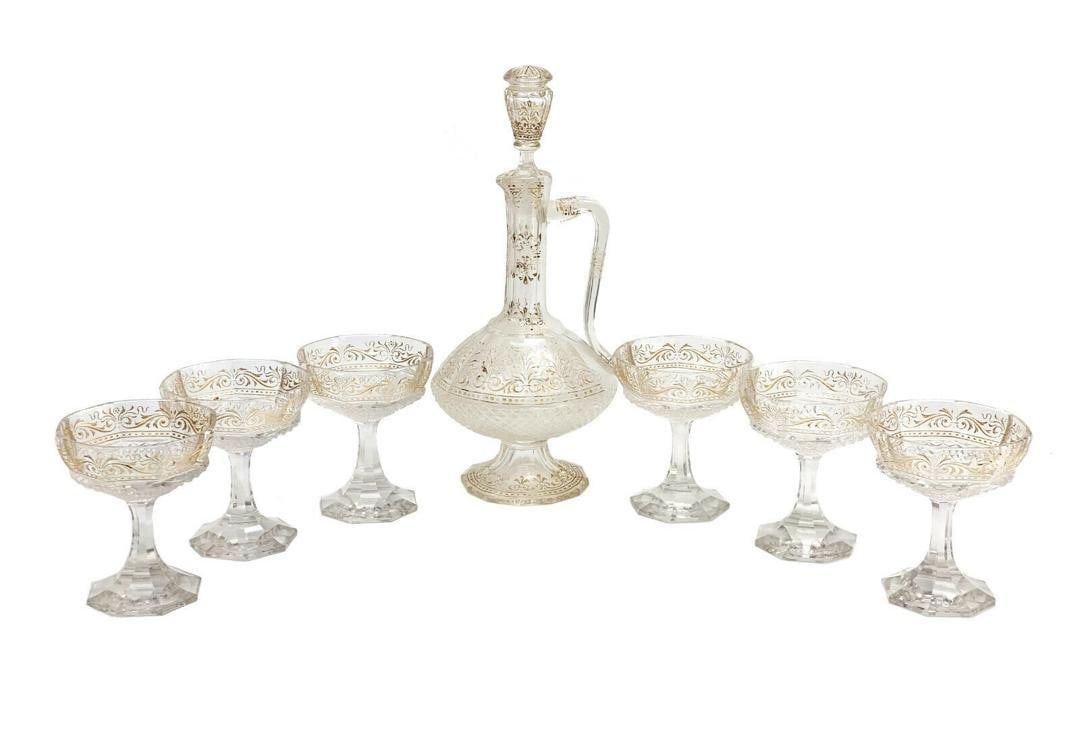 Continental Gilt Acid Etched Glass Wine Decanter & Goblets for 6: Continental gilt acid etched glass wine decanter & goblets for 6. Gilt acid etched leaves and foliate scrolls throughout. Diamond pattern texture to the lower half. Octagonal lobed bases. Weight Appro