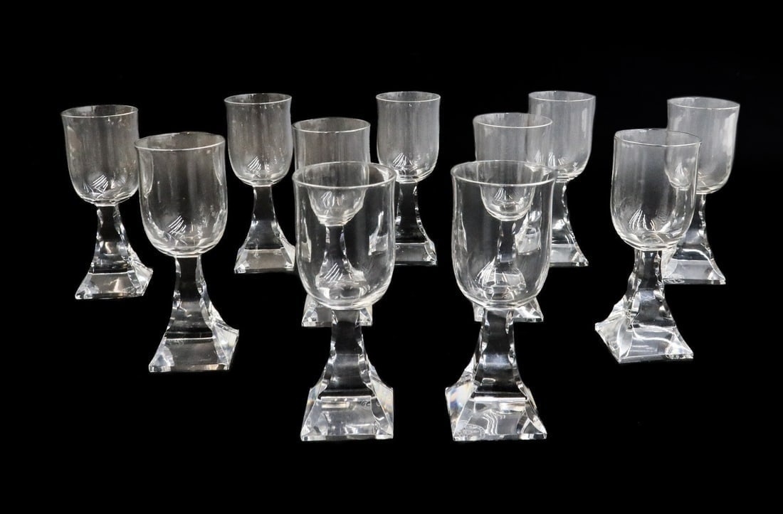11 Baccarat France Crystal Glass Cordial Wine Goblets in Maladetta Signed: 11 Baccarat France crystal glass cordial wine goblets in Maladetta Signed. Square base with a curved ridged stopper to stem. Acid etched Baccarat mark to underside. Weight: Approx. 6 lbs Measurements: