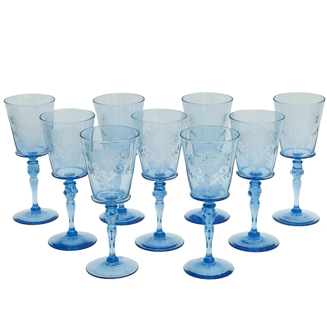9 Steuben Glass Marina Blue Engraved Autumn Water Goblets Prunts Signed (1 of 7)