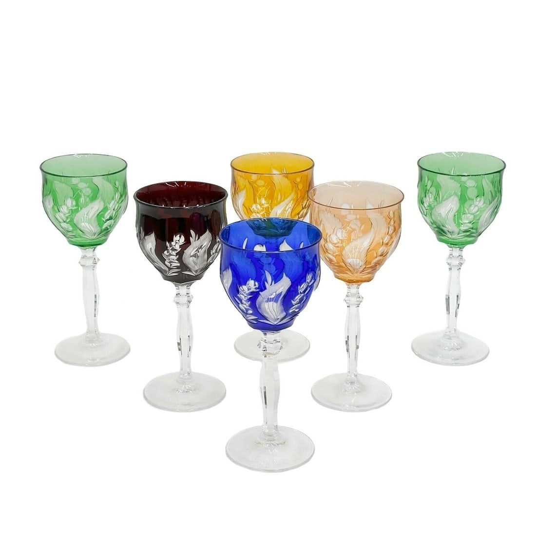 6 Bohemian Cut to Clear Multi Colored Glasses circa 1940 (1 of 3)