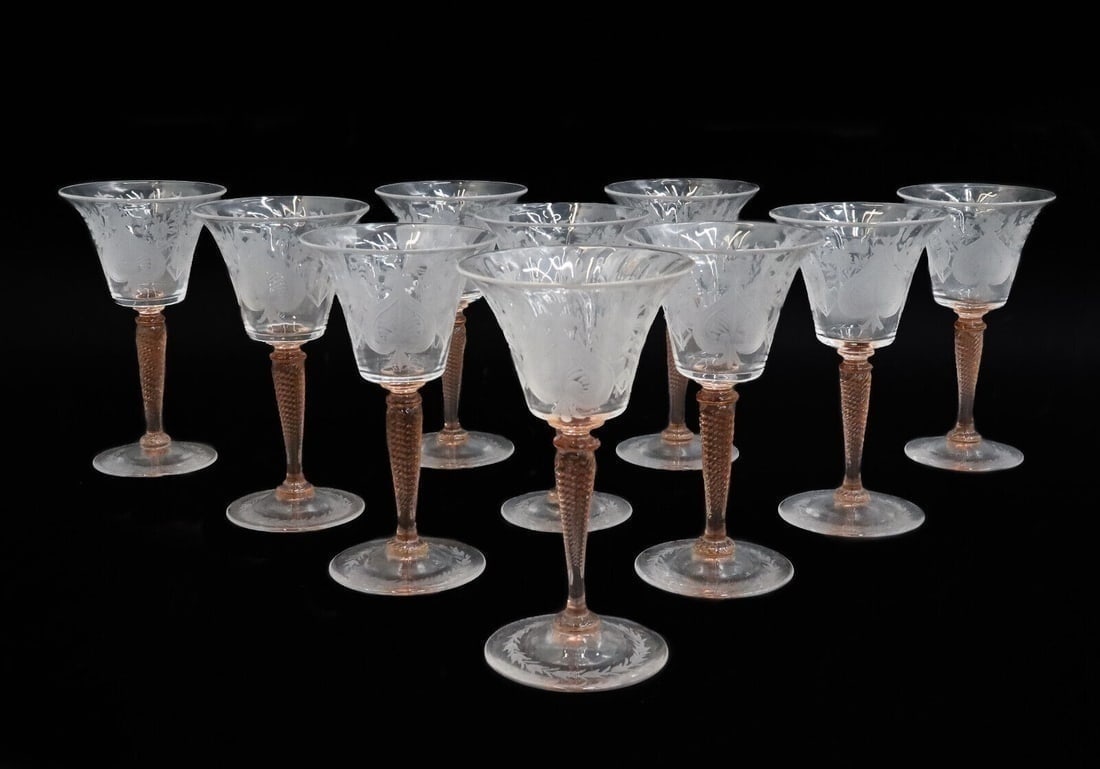 10 Steuben Acid Etched Glass Cocktail Wine or Liquor Goblets in Van Dyke: 10 Steuben acid etched glass cocktail wine or liquor goblets in Van Dyke. Coral orange twisted stems with acid etched leaves and flowers to bowl and round base. Acid etched Steuben mark to pontil unde