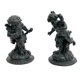 Pair Wedgwood England Black Basalt Figures Young Fauns 19th century