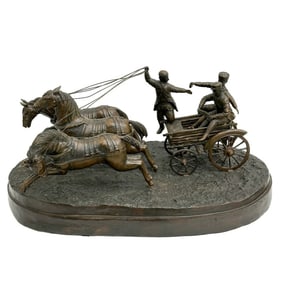 Russian Bronze Large Sculpture Men in Horse Drawn Wagon