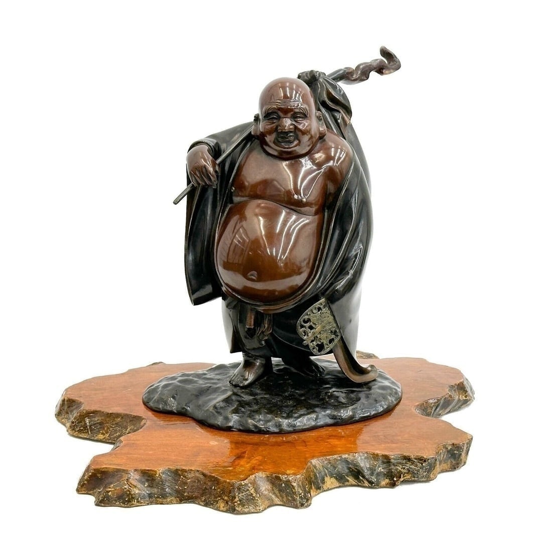Hidemasa Japanese Bronze Okimono Sculpture Hotei Deity Buddha: Japanese Bronze Okimono Sculpture Hotei Deity Buddha, Taisho to early Showa period. Back with etched Japanese mark Hidemasa ??. With removable wood base. Weight: Approx. 11.5 lbsMeasurements: Approx.