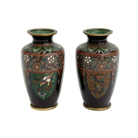 Pair Japanese Ginbari Cloisonne Enamel Bronze 3.6 in Vases Meiji Period