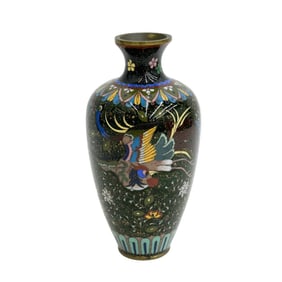 Japanese Cloisonne Enamel Goldstone Bronze Vase Phoenix Ho-o Bird Meiji