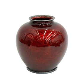 Japanese Ginbari Enamel Vase Red Bamboo & Birds Silver Mounts Meiji period