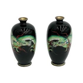 Pair Japanese Ginbari Cloisonne Enamel Bronze Vases Green Dragons Meiji Period
