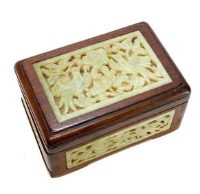 Chinese Wood and Jade Mounted Box, 20th Century. FIgural Birds