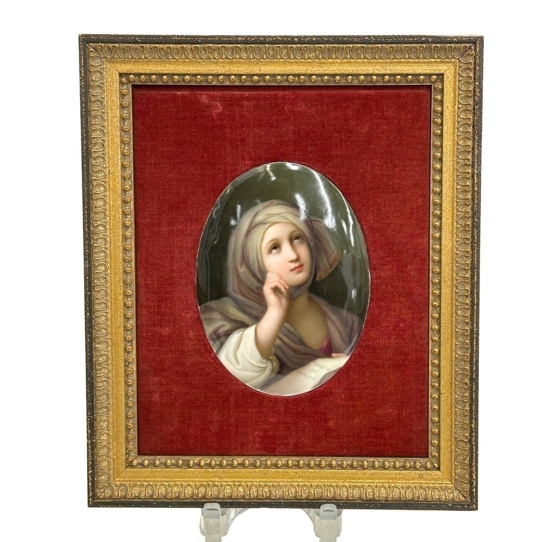 KPM Berlin Hand Painted Porcelain Oval Plaque Woman with Frame circa 1900: KPM Berlin Hand Painted Porcelain Oval Plaque, circa 1900. Plaque depicts a woman looking up. Back of plaque impressed KPM. With fabric lined gilt wood frame, plaque currently not attached to frame bu