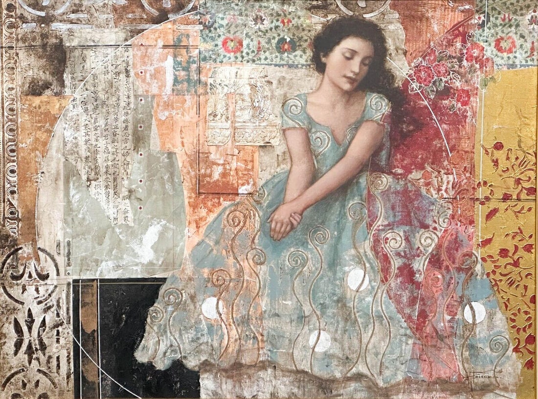 Francois Fressinier Oil on Canvas "Une Place Dans Mon Coeur" Signed Framed: Francois Fressinier (French 20th Century) oil on canvas painting, "Une Place Dans Mon Coeur" Signed. Large painting on canvas depicting a beauty in a blue dress. Background with various collage decora