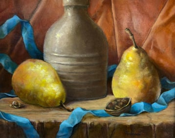 Anne Anderson (American 20th Century) Oil on Board Still Life of Pears