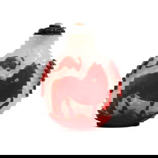 Chinese Carved Red & White Peking Glass Snuff Bottle Horses c 1760: Chinese carved Red & White Peking Glass Snuff Bottle. Bubble-suffused ground, applied craved red decoration of horses and bats. Silver stopper with coral cabochon to top. Stopper marked Silver with ot