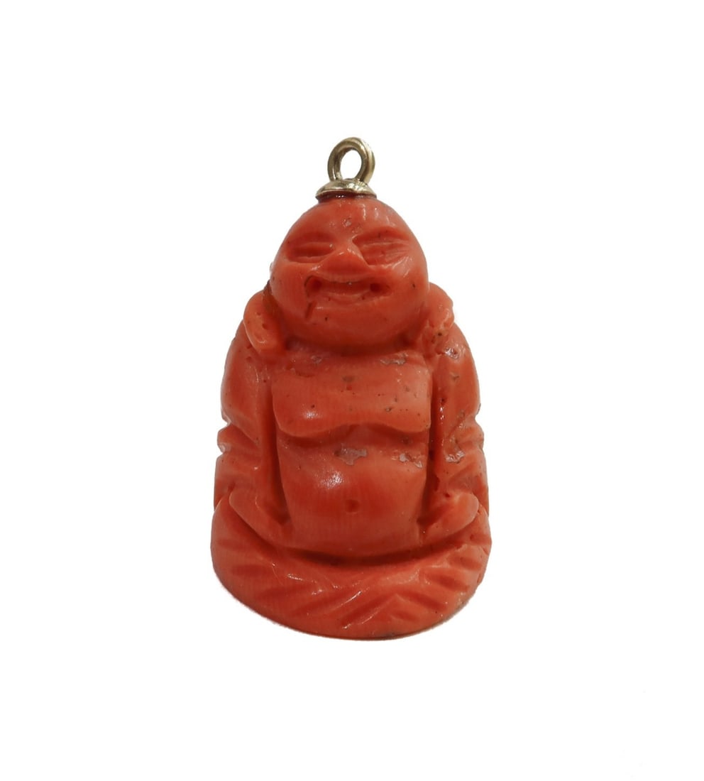 18k Yellow Gold and Carved Coral Budai Laughing Buddha Figurine Charm (1 of 7)