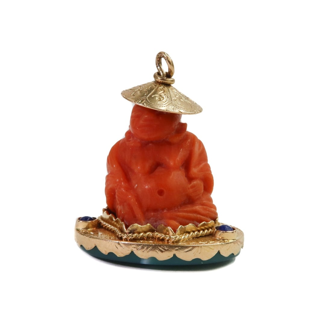 18k Yellow Gold and Carved Coral and Agate Budai Laughing Buddha Figurine Charm (1 of 7)