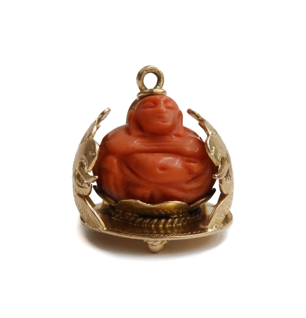 18k Yellow Gold and Carved Coral Budai Laughing Buddha Figurine Charm (1 of 5)