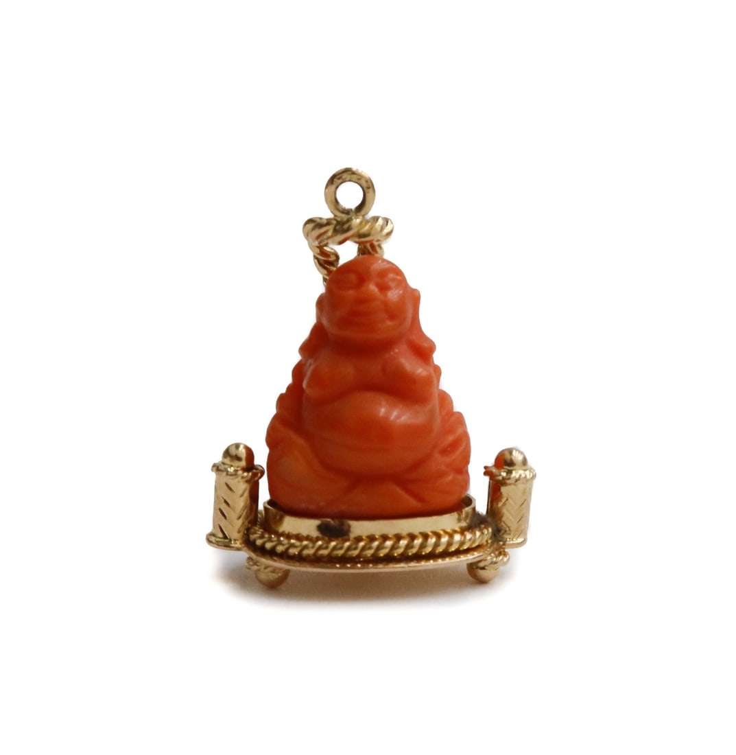 18k Yellow Gold and Carved Coral Budai Laughing Buddha Figurine Charm (1 of 7)