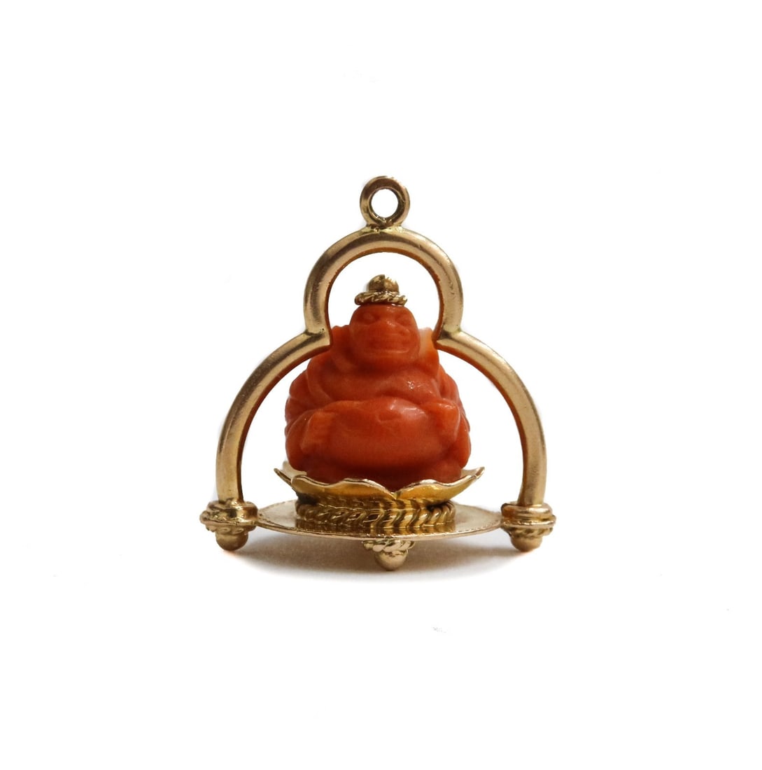 18k Yellow Gold and Carved Coral Budai Laughing Buddha Figurine Charm (1 of 7)