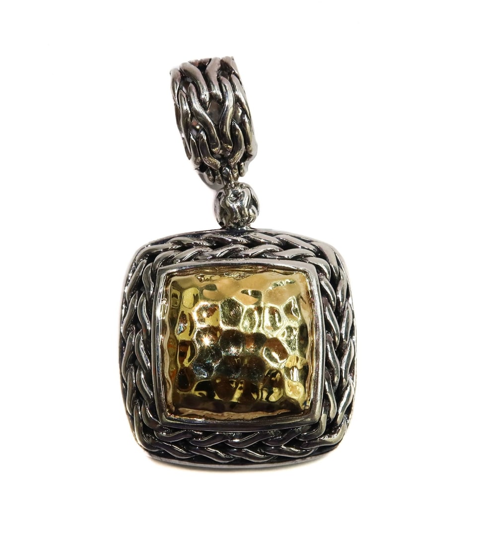 John Hardy 22k Yellow Gold and 925 Sterling Silver Hand Hammered Necklace Pendant Enhancer: John Hardy 22k Yellow Gold and 925 Sterling Silver Hand Hammered Necklace Pendant Enhancer. Hand hammered texture. Marked John Hardy to back. 1.75 inches x 1 inches Weight Approx., 14.20 grams