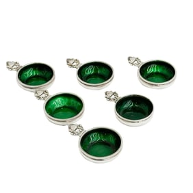 6 Georg Jensen Sterling Silver Acorn Handled Green Enameled Salt Cellars 62