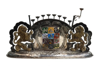 19th Century German Solid Silver Enamel and Wood Hannukah Lamp Judaica