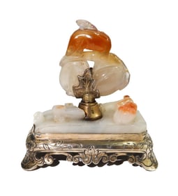 Edward Farmer New York Gilt Sterling Silver Chinese Jade Agate Fish Bell Push