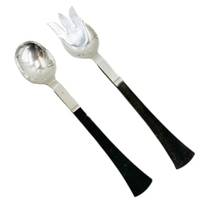 Pair Paul Adler Sterling Silver Carved Ebony Wood 10.75 in Serving Fork & Spoon