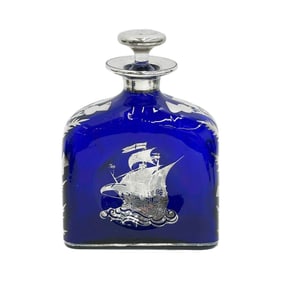 American Silver Overlay Cobalt Blue Glass Ship Decanter 19th century