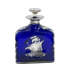 American Silver Overlay Cobalt Blue Glass Ship Decanter 19th century
