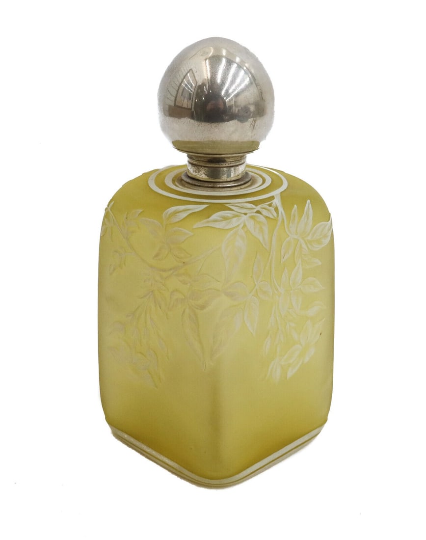 Gorham Sterling Silver Mounted Cameo Art Glass Thomas Webb: Gorham Sterling Silver mounted cameo art glass large scent bottle attributed to Thomas Webb, circa 1900. Yellow ground with acid etched white leaves and butterflies. Gorham sterling silver mark to cap