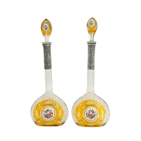 Pair JD Schleissner & Sohne Hanau 800 Silver Cut to Clear Amber Glass Decanters