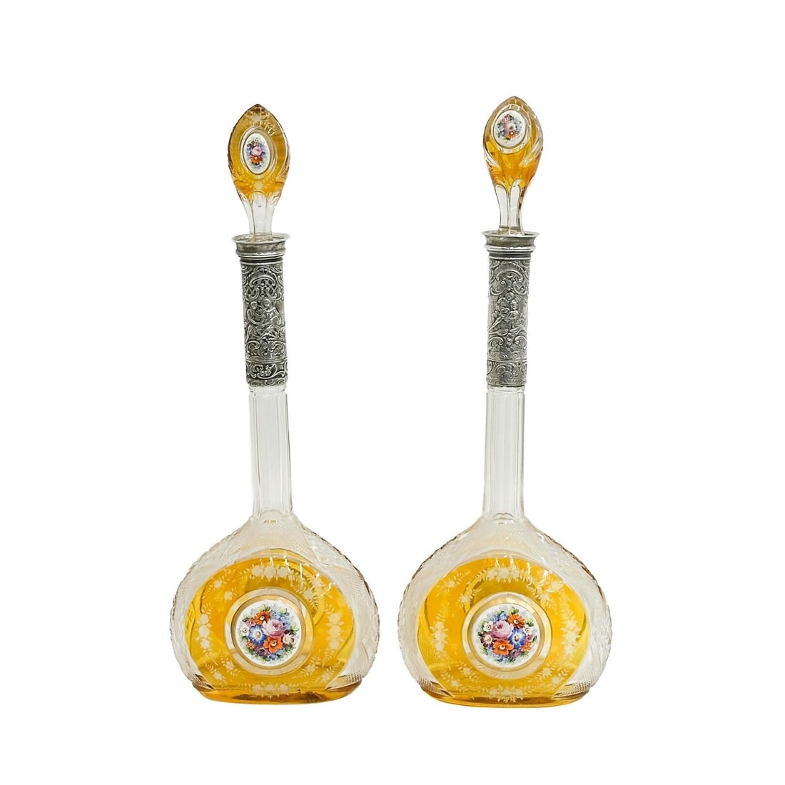 Pair JD Schleissner & Sohne Hanau 800 Silver Cut to Clear Amber Glass Decanters (1 of 9)