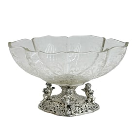 German Hanau Silver Etched Glass Mounted Reticulated Centerpiece Bowl Putti