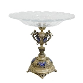 Italian Enameled Silverplate & Glass Centerpiece Bowl Putti with Trumpets c1900