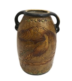 Amphora Austria Campina Pheasant Twin Handled Pottery Vase circa 1900