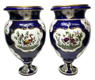 Pair Dr. Wall period Royal Worcester Exotic Bird 22" Vases 18th C.