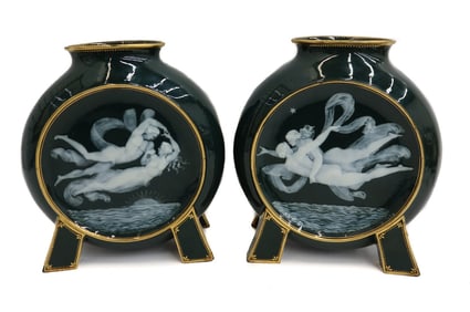 Pair George Jones Pate Sur Pate Porcelain Moon Flask Vases by Frederick Schenk