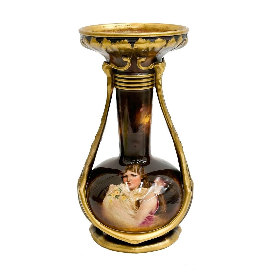 Royal Bonn Germany Hand Painted Twin Handled Portrait Porcelain Vase c 1900: Royal Bonn Germany Hand Painted Twin Handled Portrait Porcelain Vase, circa 1900. Hand painted portrait of a young woman to the body, gilt porcelain handles. Underside with Royal Bonn marks. Weight: A
