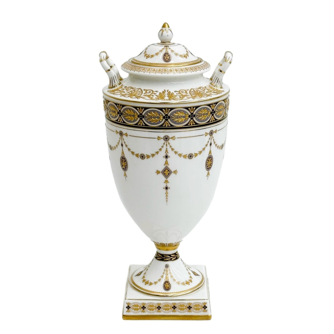 Wedgwood England Gilt Porcelain Covered Urn Cameo Pattern Ltd Ed/30: Wedgwood England Gilt Porcelain Covered Urn. Ornate raised gilt decoration. Underside marked Wedgwood England Cameo and numbered. From a purported edition of 30. Weight: Approx. 1.5 lbs Measurements: