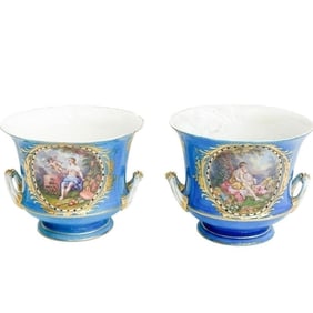Pair Sevres France Hand Painted Porcelain Cache Pots or Jardinieres 19th cen