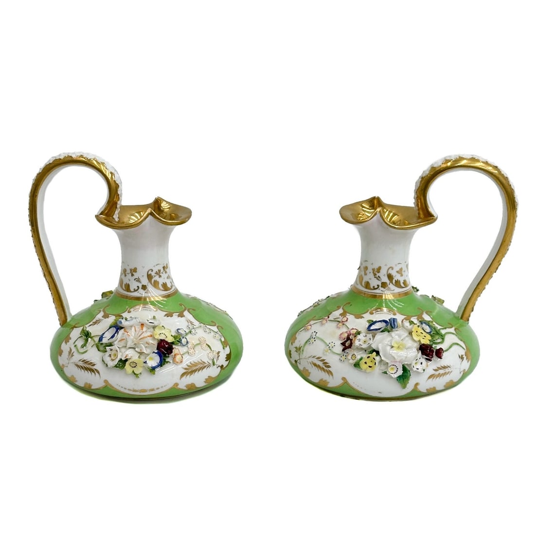 Pair Royal Crown Derby England Porcelain Jugs or Ewers Flowers Green circa 1820s (1 of 11)