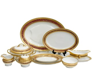9pc Hutschenreuther Selb Bavaria Gilt Porcelain Service Red