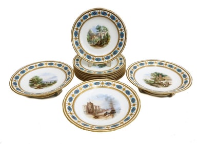 Minton England Hand Painted Porcelain Dessert Service for 8 Maritime Landscapes