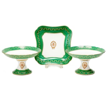 3 pc French Palais Royal Porcelain Dessert Serving Tazzas & Dish Green Greek Key